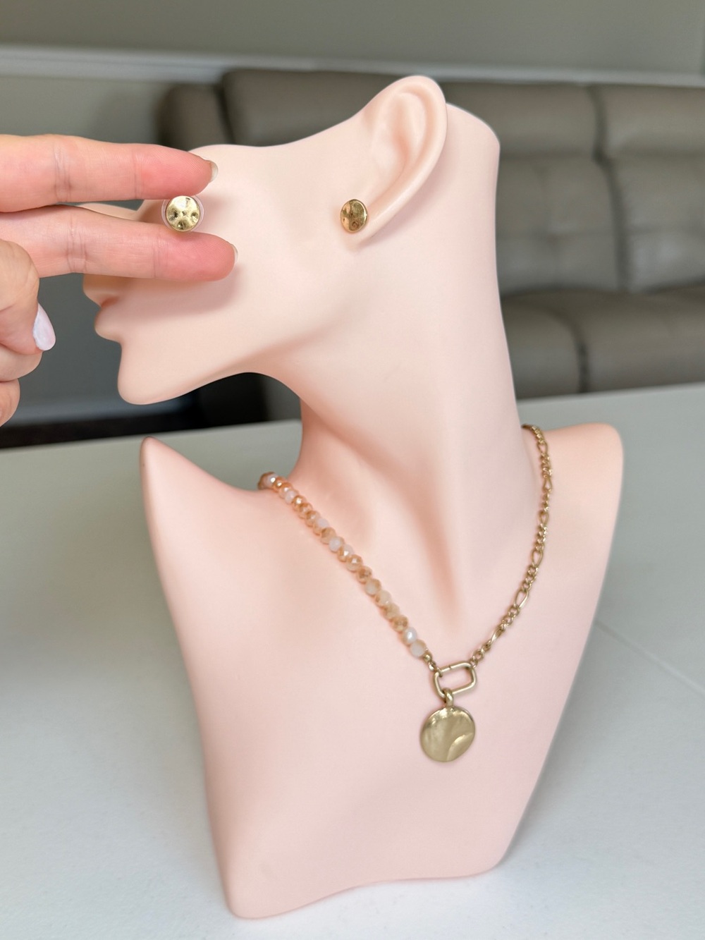 Gold Bead Chain Pendant Necklace and Stud Earrings - Gold